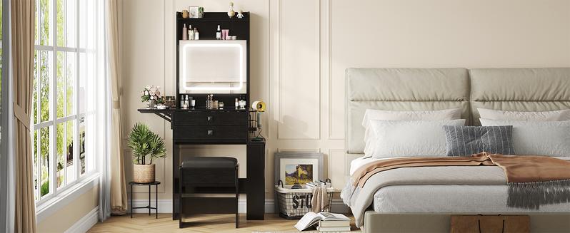 Vabches Small Makeup Vanity Desk with 3 Adjustable Lighted Mirror, Vanity Set with Fold-up Panel and Charging Station, Glass Top Dressing Table with Drawers and Chair, 2 Hidden Storage Shelves