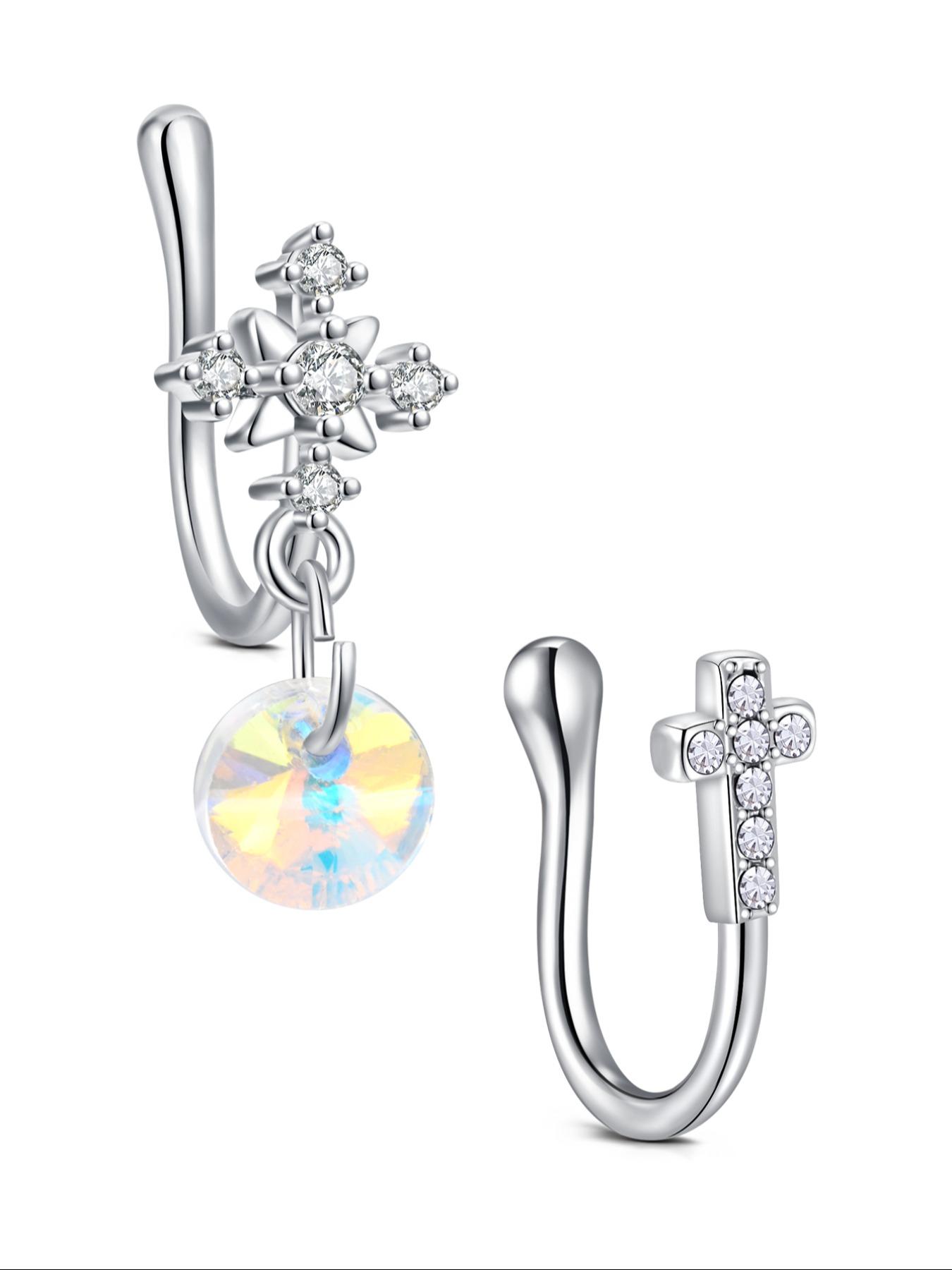 Non-Piercing Zirconia Nose Ring Clip, Nose Cuff, Moon Butterfly Design, Silver Color, Elegant Women's Jewelry Accessory, No Piercing Needed