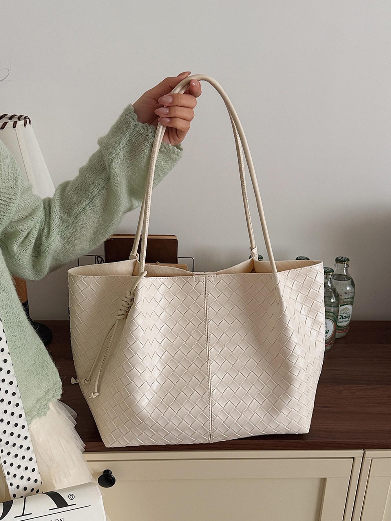 1pc Knitted pattern tote bag for women, large capacity diamond patterned shoulder bag, included with lazy and relaxed shopping bag, essential for women's commuting armpit bag