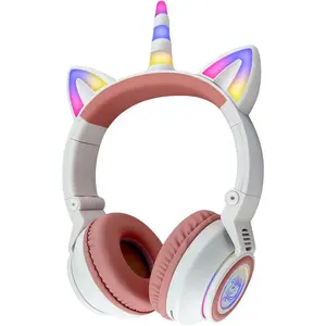 Unicorn Bluetooth Kids Headphones with 7 Color Flash Light, 93dB Safe Volume, Foldable for Tablet iPad, White Pink