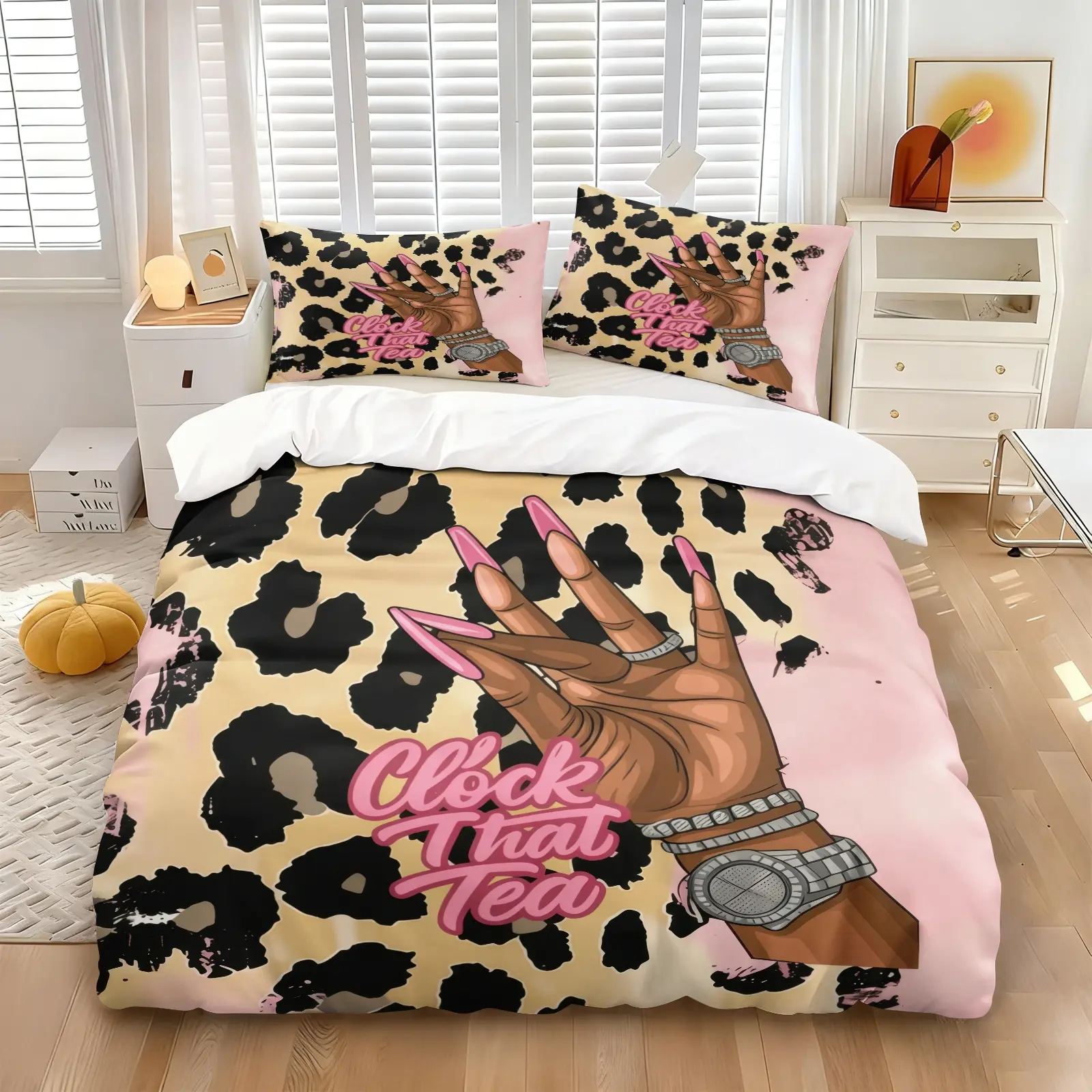 Clock That Tea Leopard Print Hand Duvet Cover Set, Includes 1 or 2 Pillowcases, Fashion Long Pink Nails Woman Hand Graffiti Bed Set, Soft Breathable Y2K Aesthetic Typography Bedding, Hip Hop Woman Power Home Decor, Comfy Bedding Sets