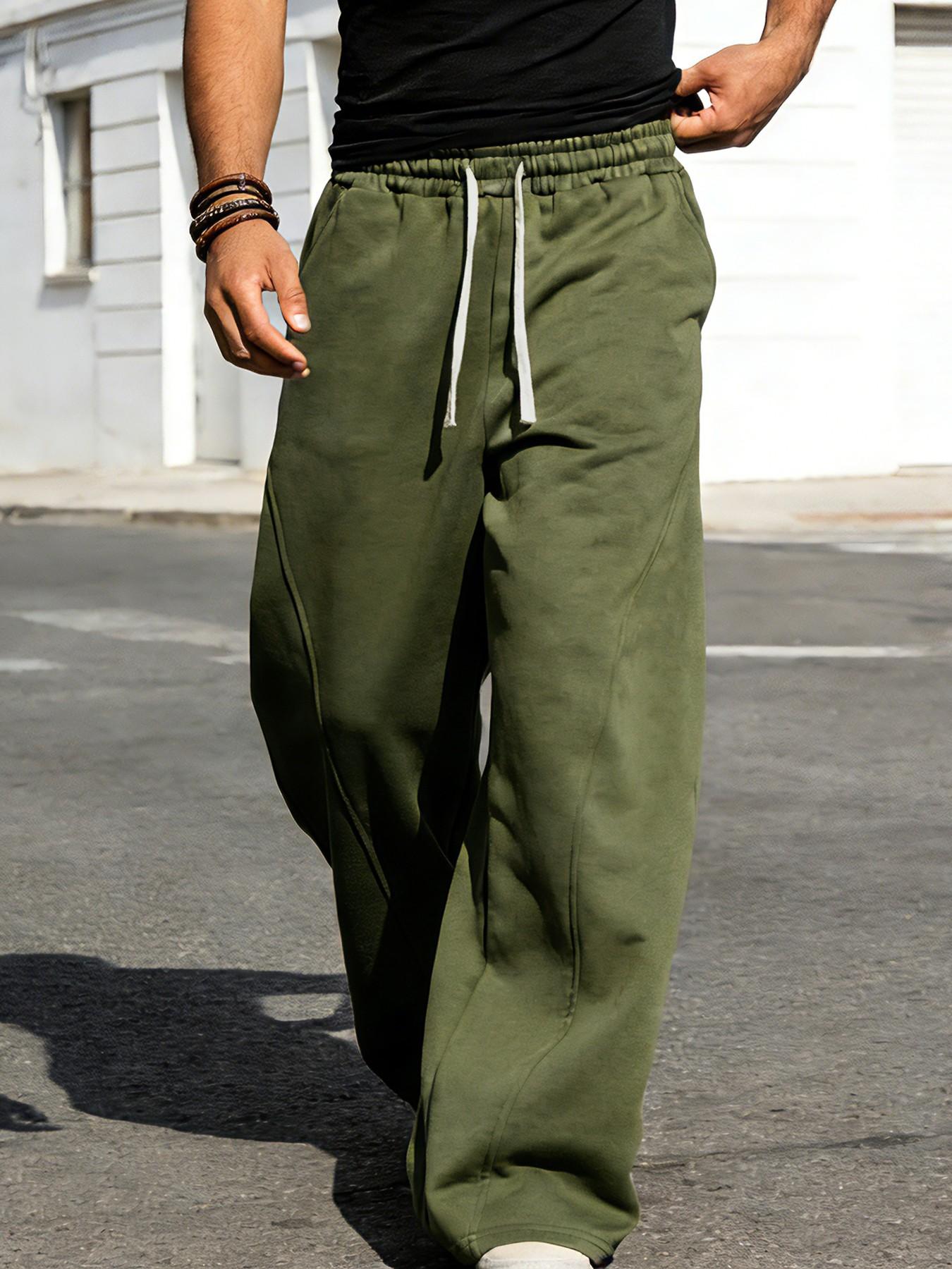 Men's Fleece Lined Loose Pants, Wide Leg Street Style Long Pants, Y2K Workwear with Drawstring, Casual Daily Commute, Activewear, Athletic, Sportswear