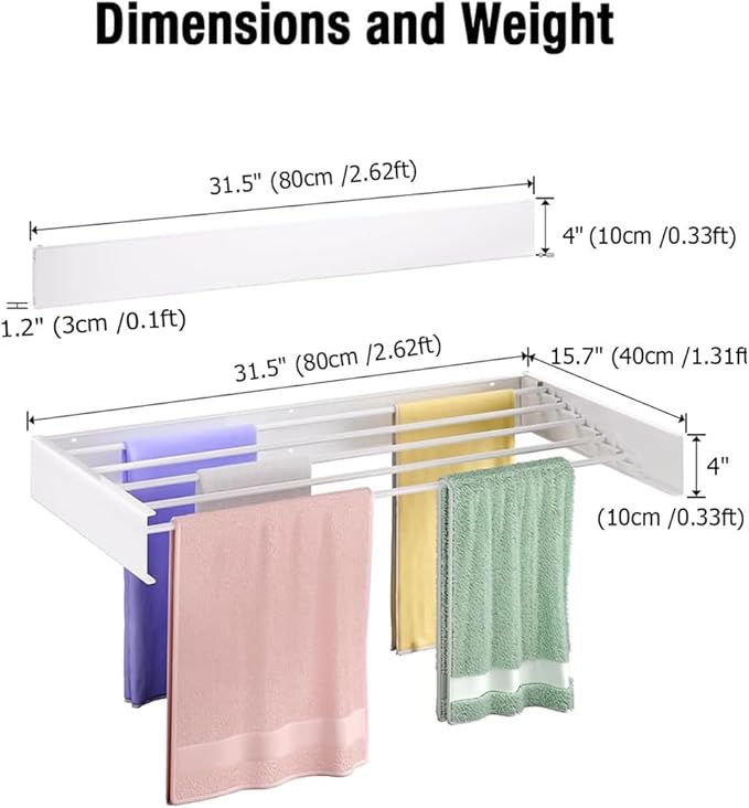 Wall Mounted Clothes Drying Rack 40" Folding Laundry Drying Rack Wall Mount with 6 Aluminum Rods for Maximum Space-Saving Efficiency Collapsible Hanging Rack for Bathroom Laundry