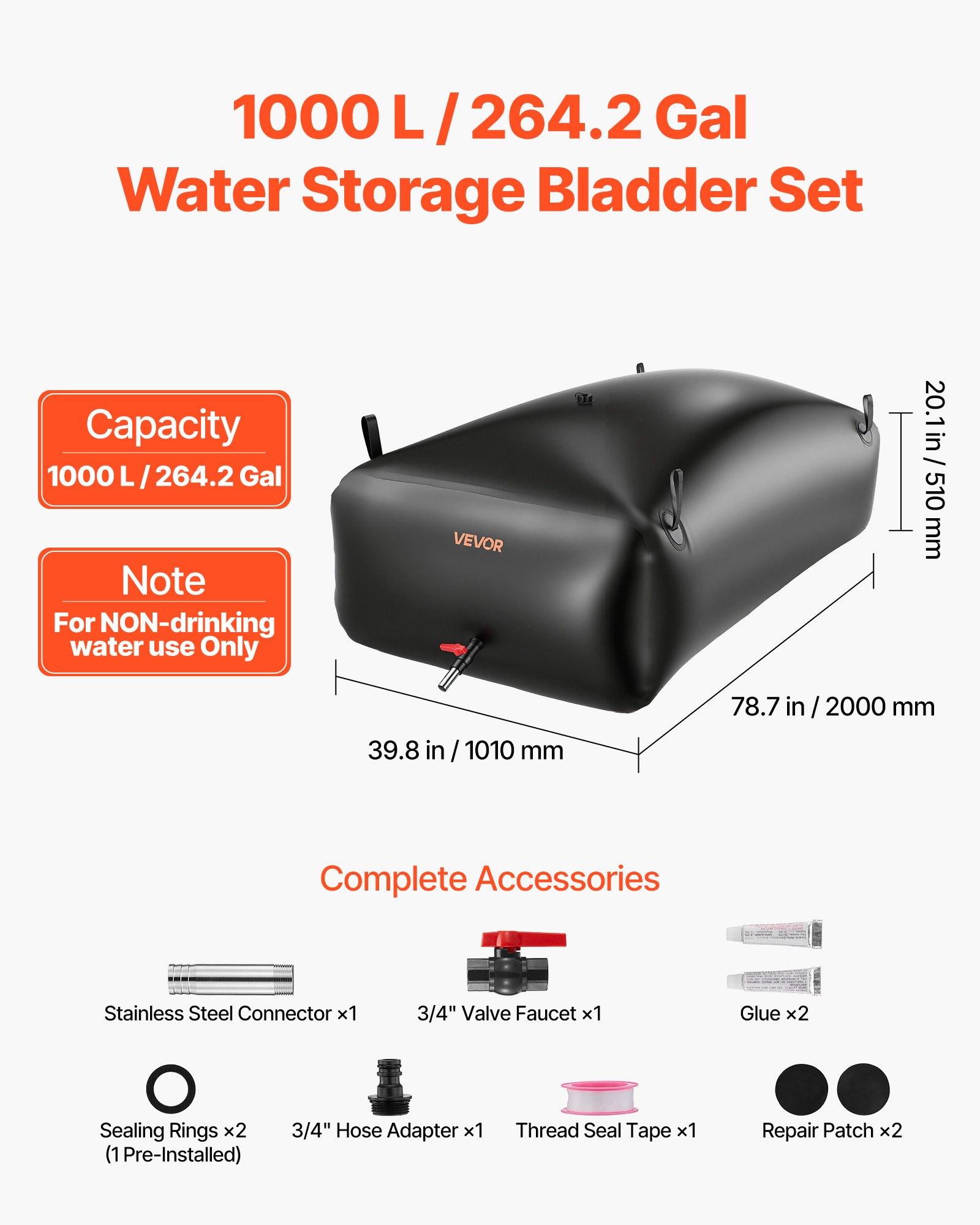 【Summerfinds】VEVOR Water Storage Bladder, 264.2 Gal Collapsible Water Storage Bag, Wear-Resistant 1000D PVC Soft Waters Bag, Leakproof Camping Tank Containers for Garden Irrigation RV Emergency Use, Black