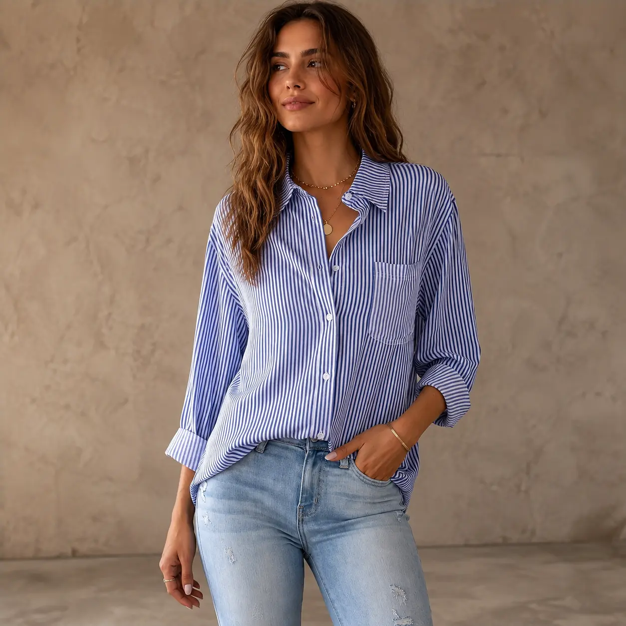 Women’s Striped Polyester Button-Down Blouse - Oversized Cut, Long Roll-Up Sleeves, Chest Pocket, Lightweight, Everyday Wear, Casual Work Office Top (Multiple Colors)