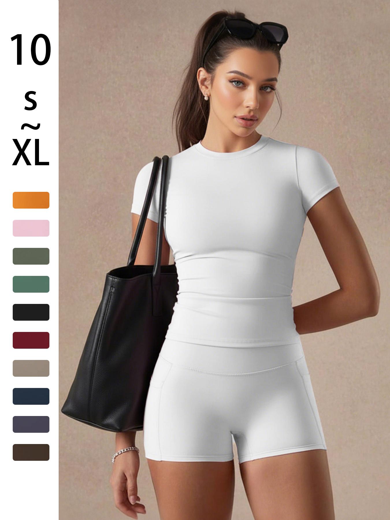 Women's Solid Color Set, Basic Versatile T-Shirt Top, Fashion Multi-Purpose Slimming Hip-Lifting Gym Shorts, Yoga Fitness Gym, All Season Activewear, Athletic Style Activewear