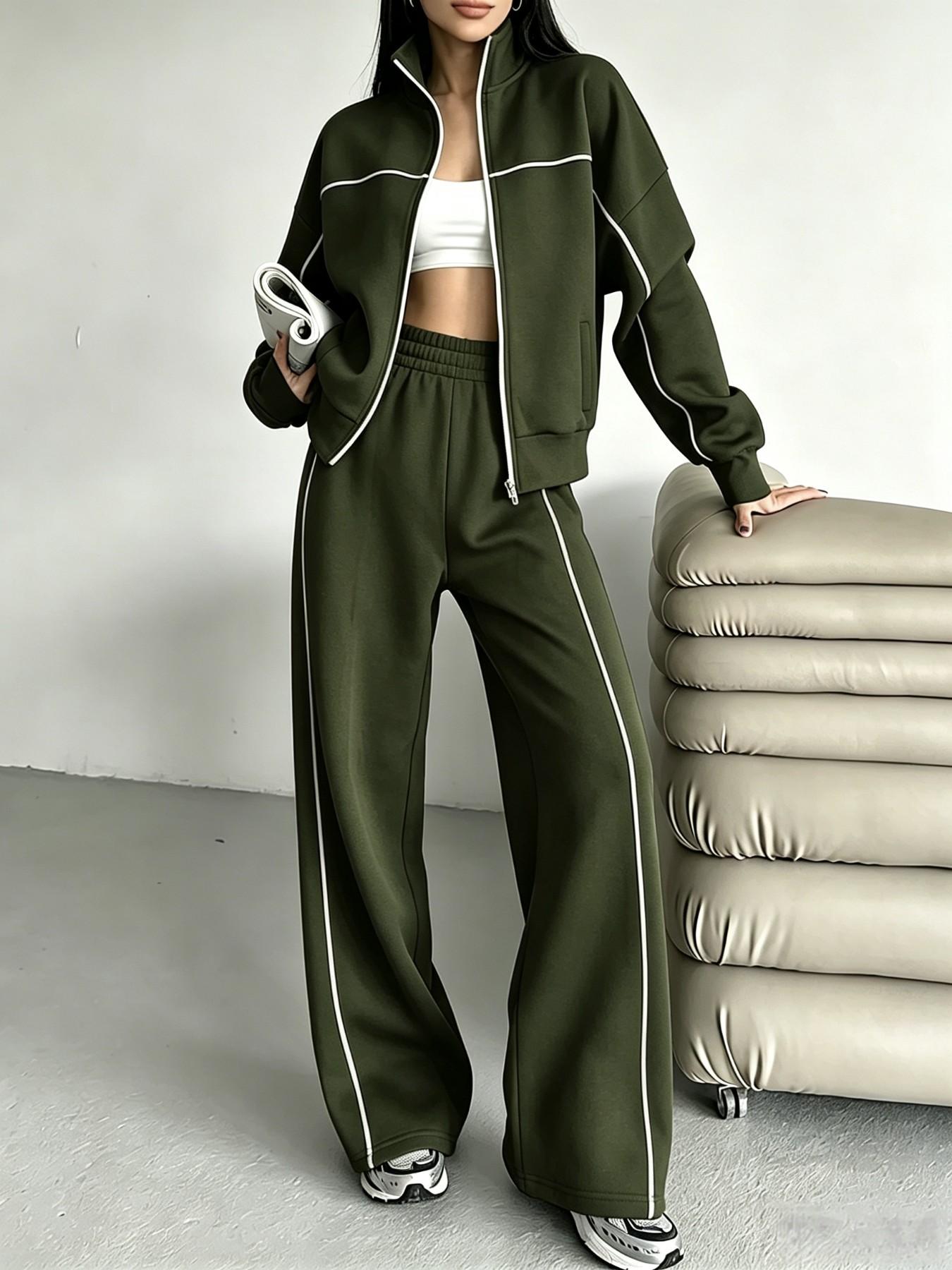 Women's Two-Piece Set, Fall Winter, Long Sleeve Zipper Stand Collar Sweatshirt, Mid-Waist Pants, Casual Office Wear, Multiple Colors Available, Clothes