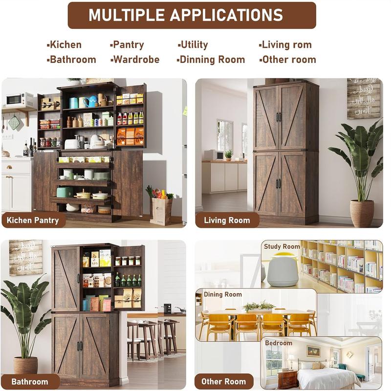 71" with 3 Pack Pull Out Drawers for Cabinets,Farmhouse Storage Cabinet with 6 Door Shelves,with Load-Bearing Steel Pipe,Pantry Organizers for Kitchen,Dining Room, White/brown