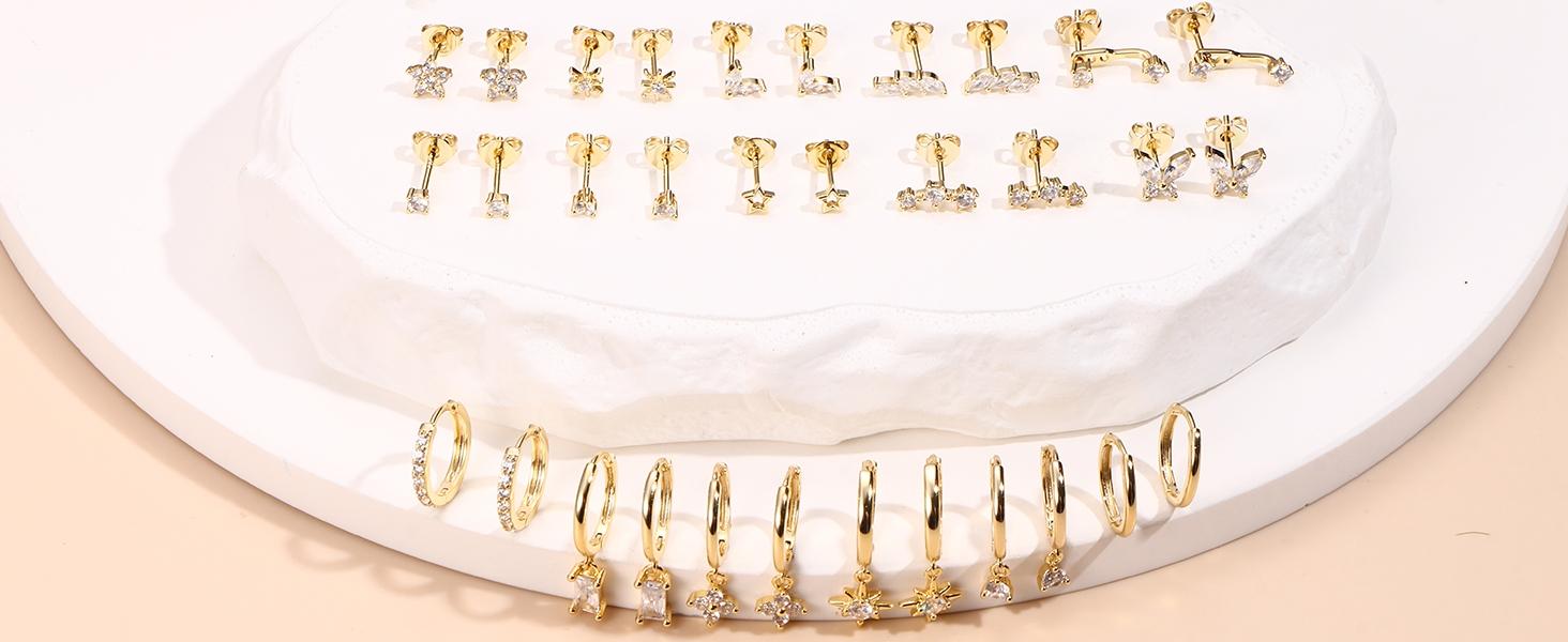 Hoop Earrings for Women, Small Sterling Silver Studs, Hypoallergenic 14k Gold Plated, 4 Pairs for Cartilage