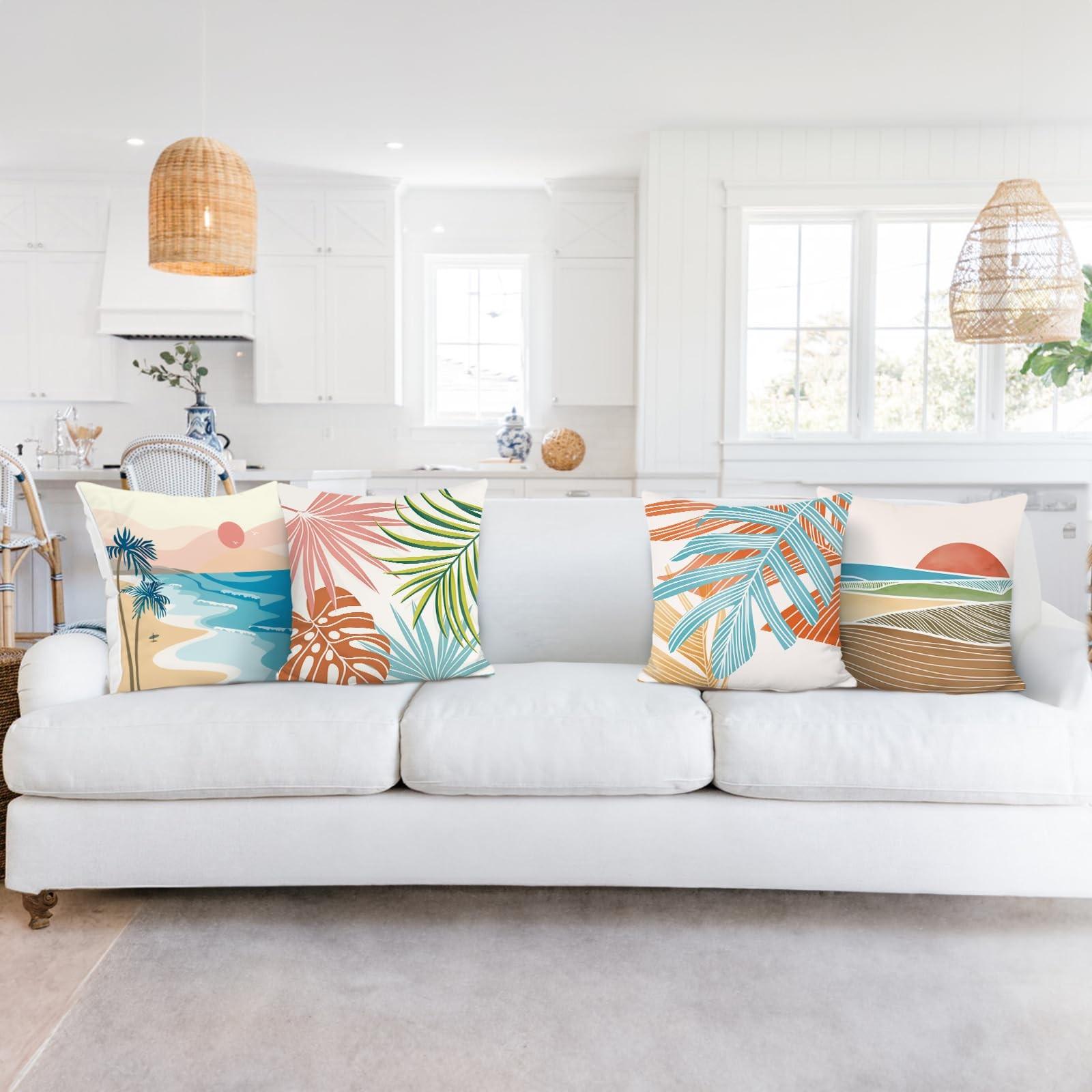 4-piece tropical breeze summer green palm leaf beach decorative throw pillow covers, with zipper closure, machine washable, suitable for living room, bedroom, sofa, car decoration, seat cushion covers, home decorations (only includes pillow covers, not in