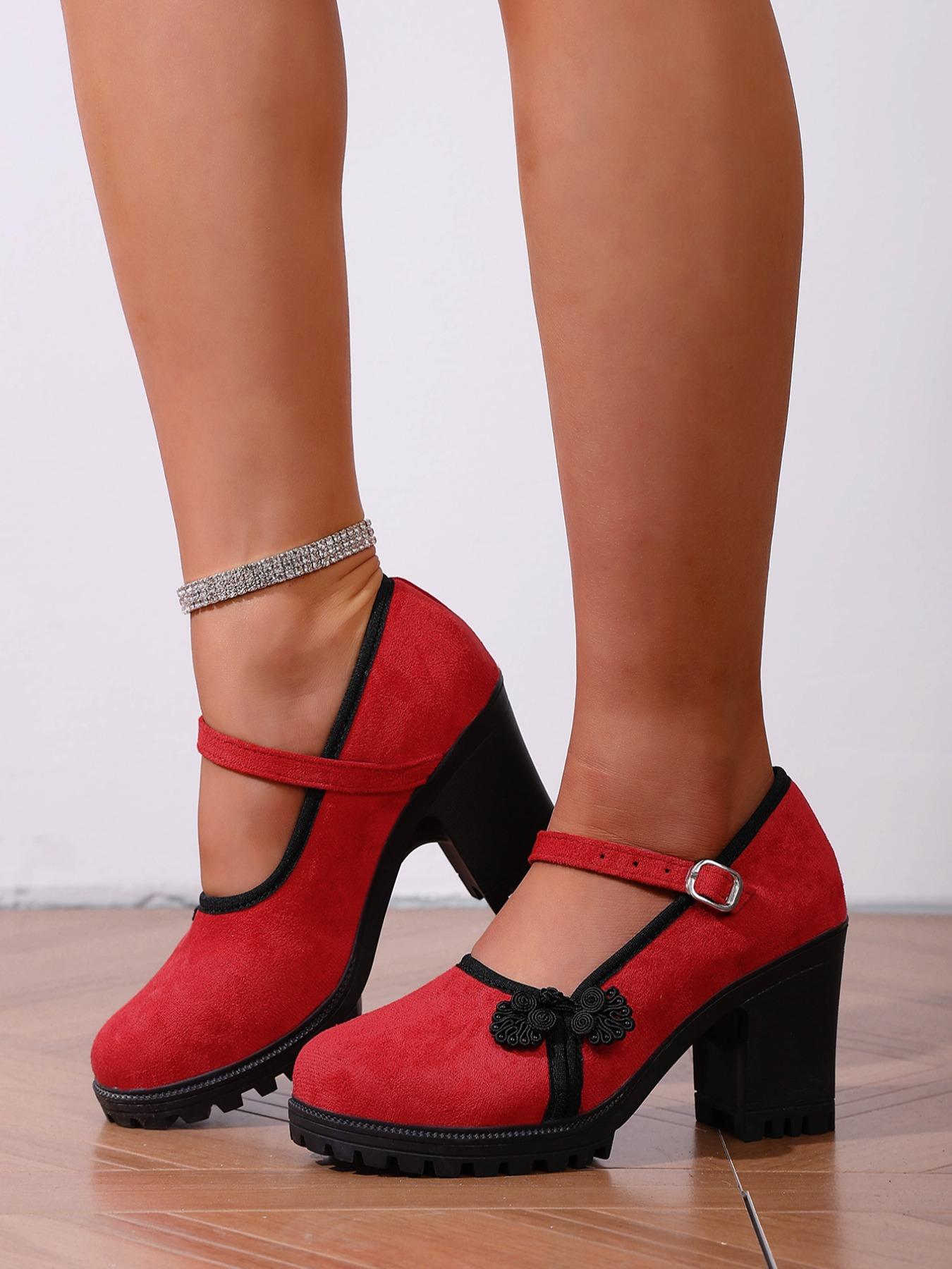 Plus Size Women's High Heel Shoes, Comfortable Round Toe Buckle Design, Casual Fashion Footwear for Spring & Fall Seasons, Shoes Heels, High Heel Pumps, Strap Heels