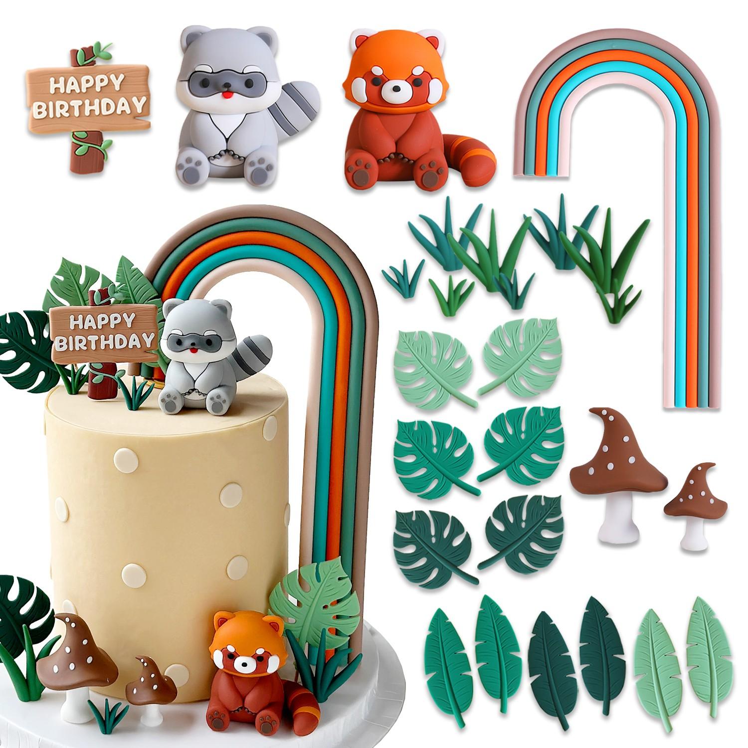 Small Panda Raccoon Forest Cake Decoration Set, Birthday Baking Decorations, Jungle Theme Baby Birthday Dessert Table Decor