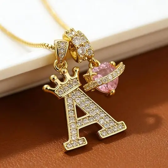 14K Gold Plated Initial Necklace for Women Men Personalized A-Z Letters Crown Pendant Necklace Shiny Pink Heart Cubic Zirconia Pendant Alphabet Name Birthday Jewelry Holiday Gift