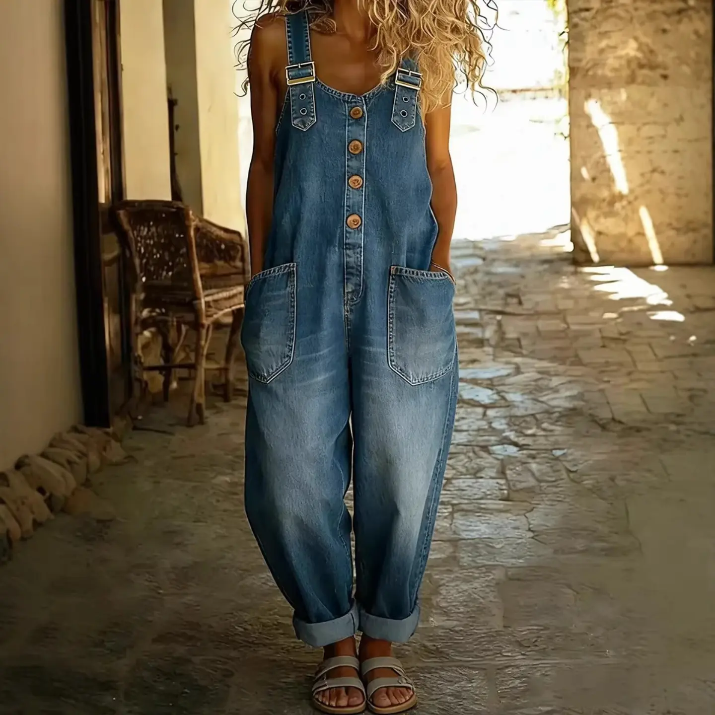 Vintage Distressed Denim Jumpsuit Adjustable Buckles