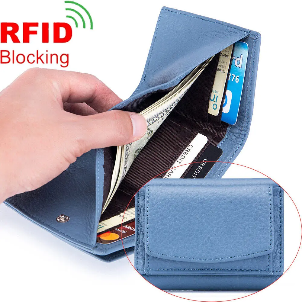 Mini Trifold Genuine Leather Wallet for Women RFID Blocking Snap Purse Multi Card Slots Coin Pocket Small Cash Holder Compact Cash & Coin Storage Bag