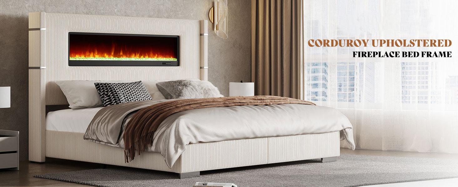 [Ships in 2 Boxes] VanAcc Modern Bed Frame with Electric Fireplace, Wingback Platform Bed Frame with 60.4“ Extra Tall Headboard, Corduroy Upholstered Bed Frame, Wooden Slats, No Box Spring Needed, Adjustable Color, Remote Control