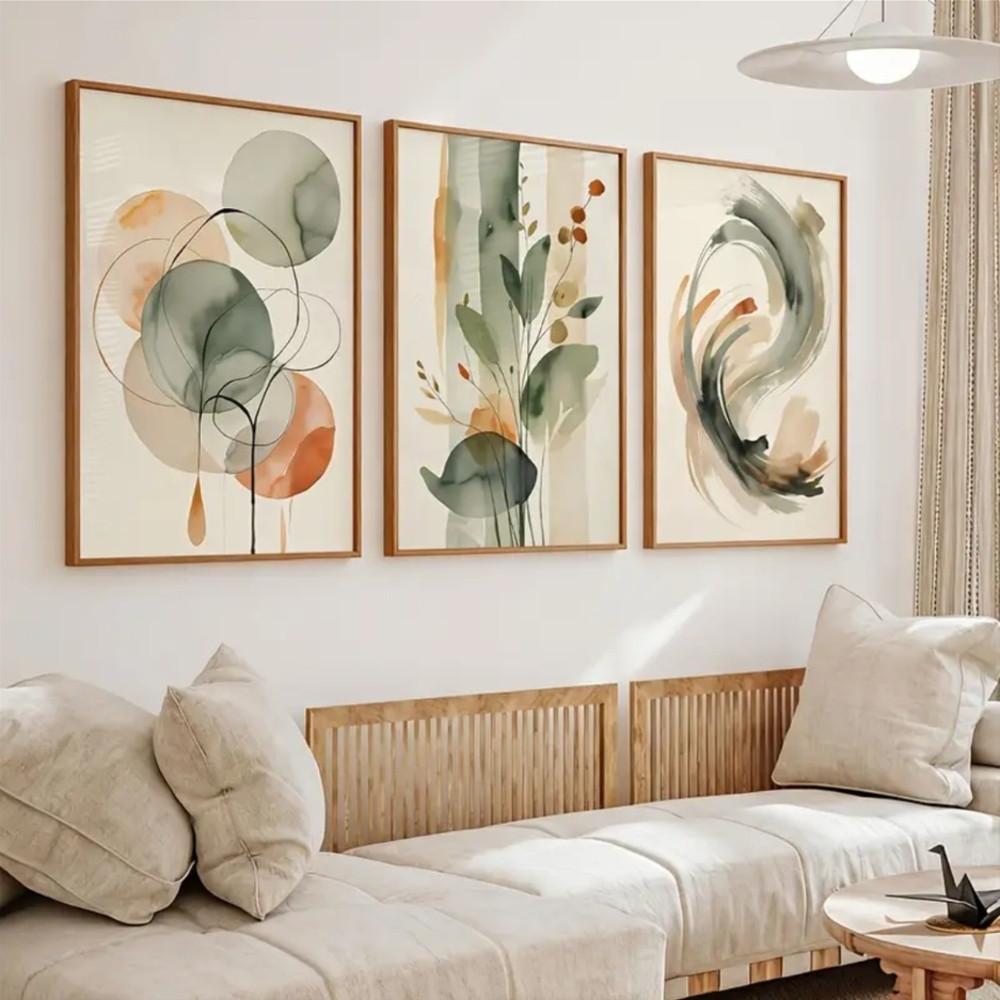 3-Piece Optional Wooden Frame Beige Sage Green Abstract Watercolor Plant Geometric Art Poster High Grammage Moisture-proof Tear-resistant Canvas Color Print High Color Accuracy Non-deformation Modern Minimalist Living Room Bedroom Wall Decor