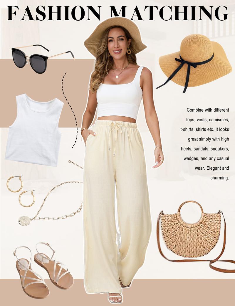 Womens Linen Pants Casual Wide Leg Pants Summer Palazzo Pants Loose Flowy Beach Pants Drawstring Elastic Trousers