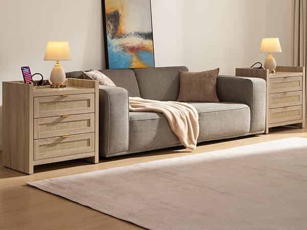 SICOTAS Rattan Night Stand with Charging Station - 24.8”W x 15.4”D x 26.5”H Boho Bedside Table with 3 Mesh Drawers, USB & Type-C Ports, Modern End Table for Bedroom, Living Room, Office , Durable and Stylish