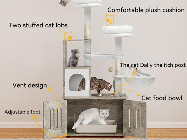 DWVO Cat Tree with Litter Box Enclosure, 2-in-1 Cat Furniture, Modern Cat Condo, Indoor Cat Tower with Wood House, Perch, Food Station, Hammocks, Scratch Post, Hair Brush, 59 Inch