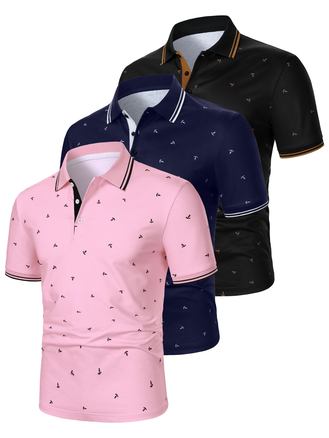 Men's Anchor Print Knit Polo Shirt, Regular Fit Casual Short Sleeve Collared Top for Summer, Fashion Men's Clothes for Daily Wear, Fitted