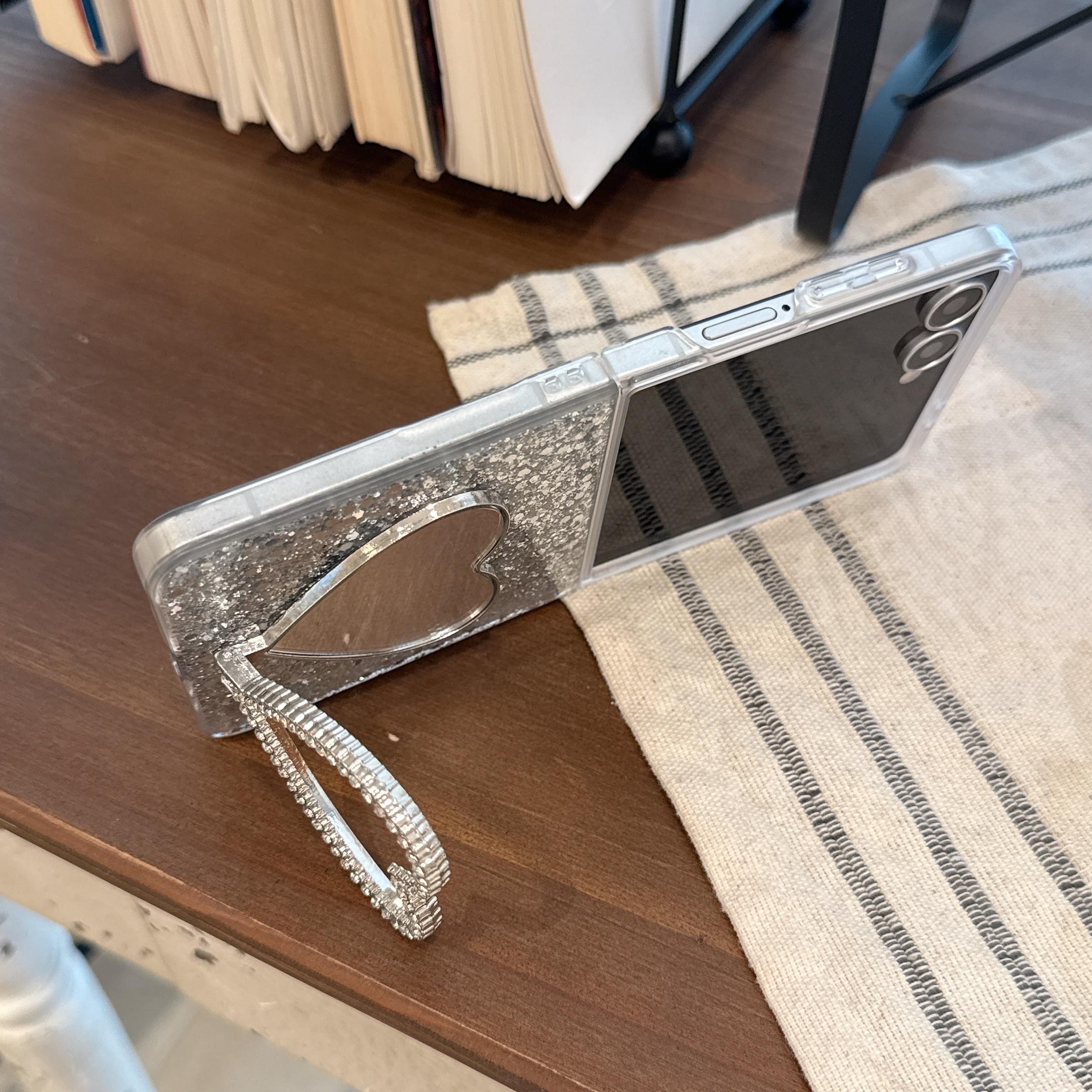 Glitter Heart Stand Foldable Phone Case With Chain For Samsung Galaxy Z Flip3/Z Flip4/Z Flip5/Z Flip6/Z Flip7, Shockproof Cover