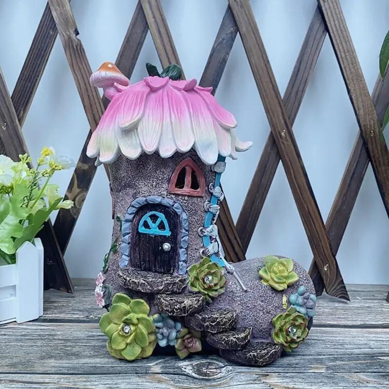 Outdoor Solar Boot House Resin Statue, Colorful Mushrooms, Flowers & Climbing Vine, Fairy Tale Garden Decor, Yard, Balcony, Lawn Ornament