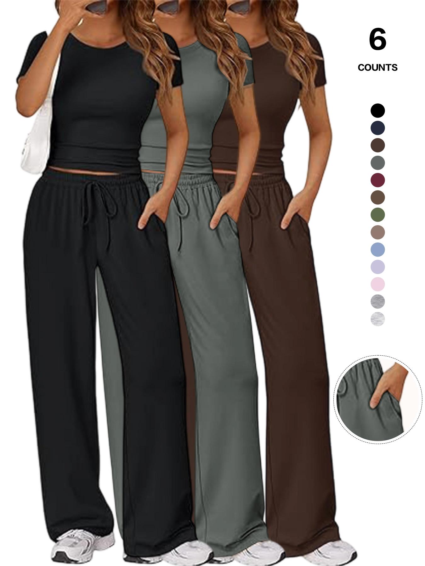 Women's Spring Summer Casual Set, Round Neck Short Sleeve Top & Wide Leg Pants, Slim Fit Home Wear, 2 Piece Comfortable