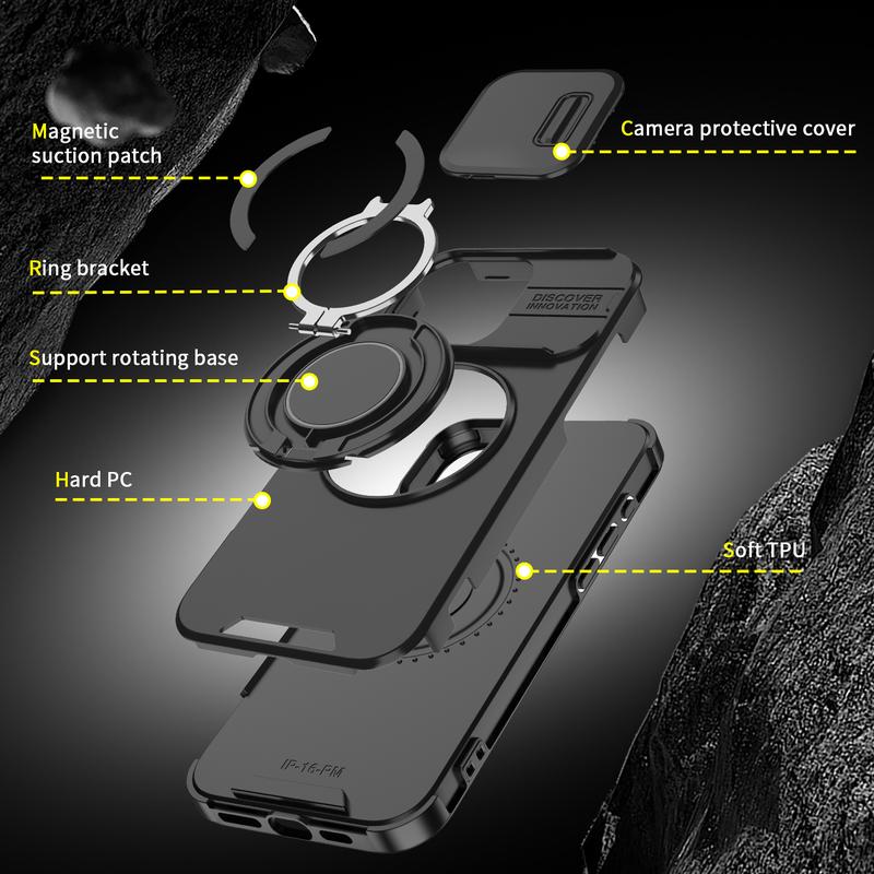 For iPhone 17 16 15 14 13 12 Pro Max with Camera Protector Case, 360 Rotated Ring Kickstand Holder Military Grade Shockproof Protective Cover