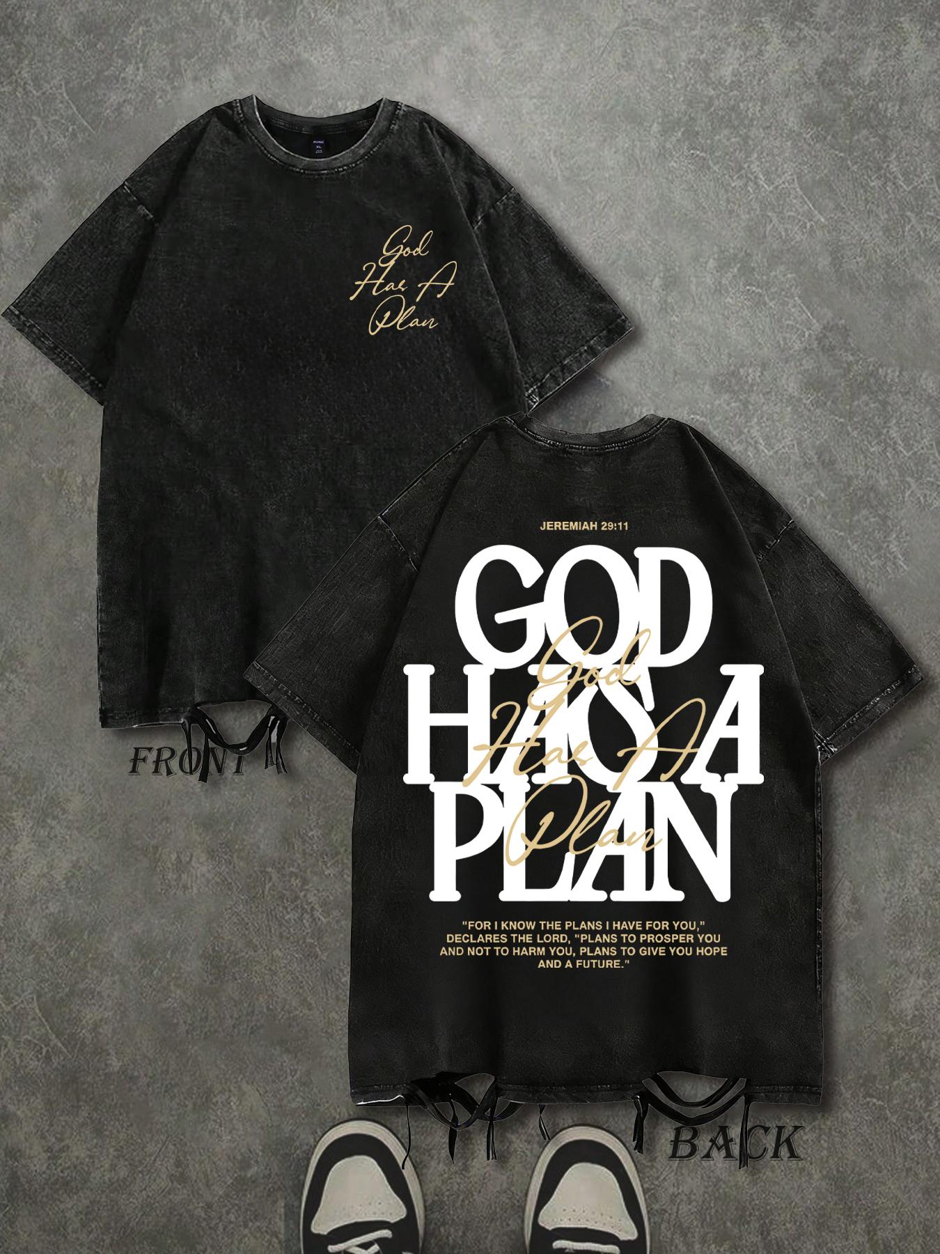 Men's Vintage Washed T-Shirt, Dual-Sided Print, 230 Pure Cotton Material, God Has His Own Plan Letter Print, Casual Street Style