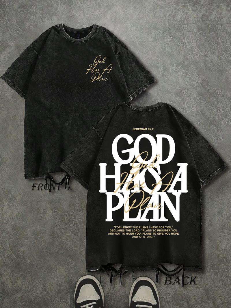 Men's Vintage Washed T-Shirt, Dual-Sided Print, 230 Pure Cotton Material, God Has His Own Plan Letter Print, Casual Street Style