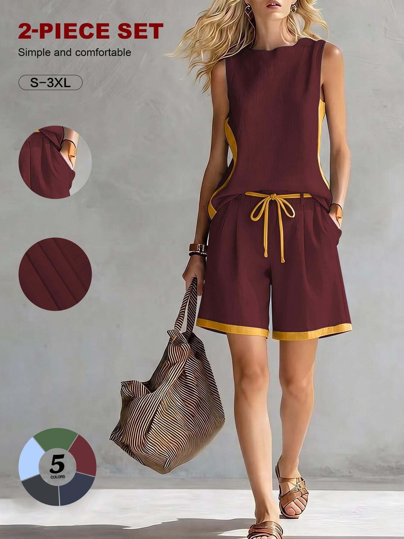 2026 New European and American Chic Style Sleeveless Colorblock Loose Top Wide Leg Pants Set for Women, Summer Casual Fashion Two-Piece Womenswear Clothes