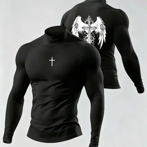 Men's High Neck Fitted Sportswear, Quick-Dry Long Sleeve Elastic Moisture-Wicking Athletic Compression Top, Casual Style Gym Top for Fitness Training Workout Tops