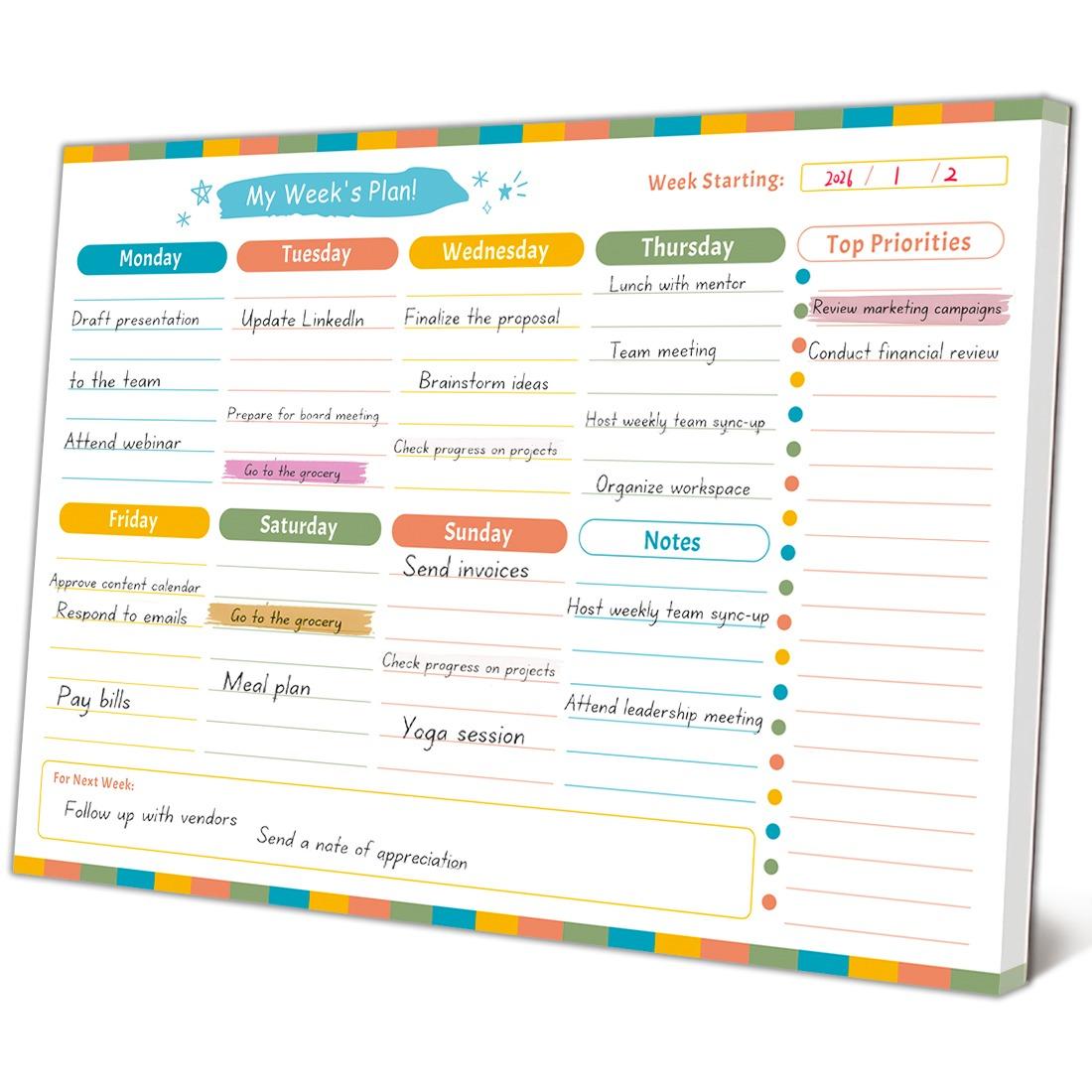 Undated Weekly Planner Notepad, Colorful to Do List Desk Pad, Top Priorities & Notes Section, Weekly Schedule Organizer for Office Home School