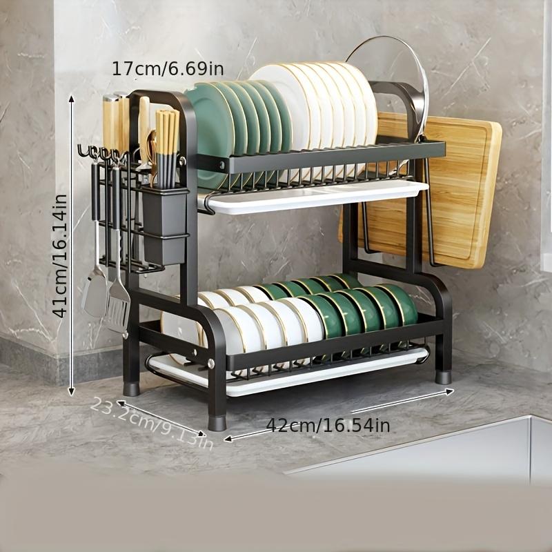 Kitchen Organizer with Drainage System - Dish Drainer, Dish Racks, Multifunctional Tableware Storage Rack, Durable Carbon Steel Material, Double-Layer Design with Knife Holder and Cutting Board Storage