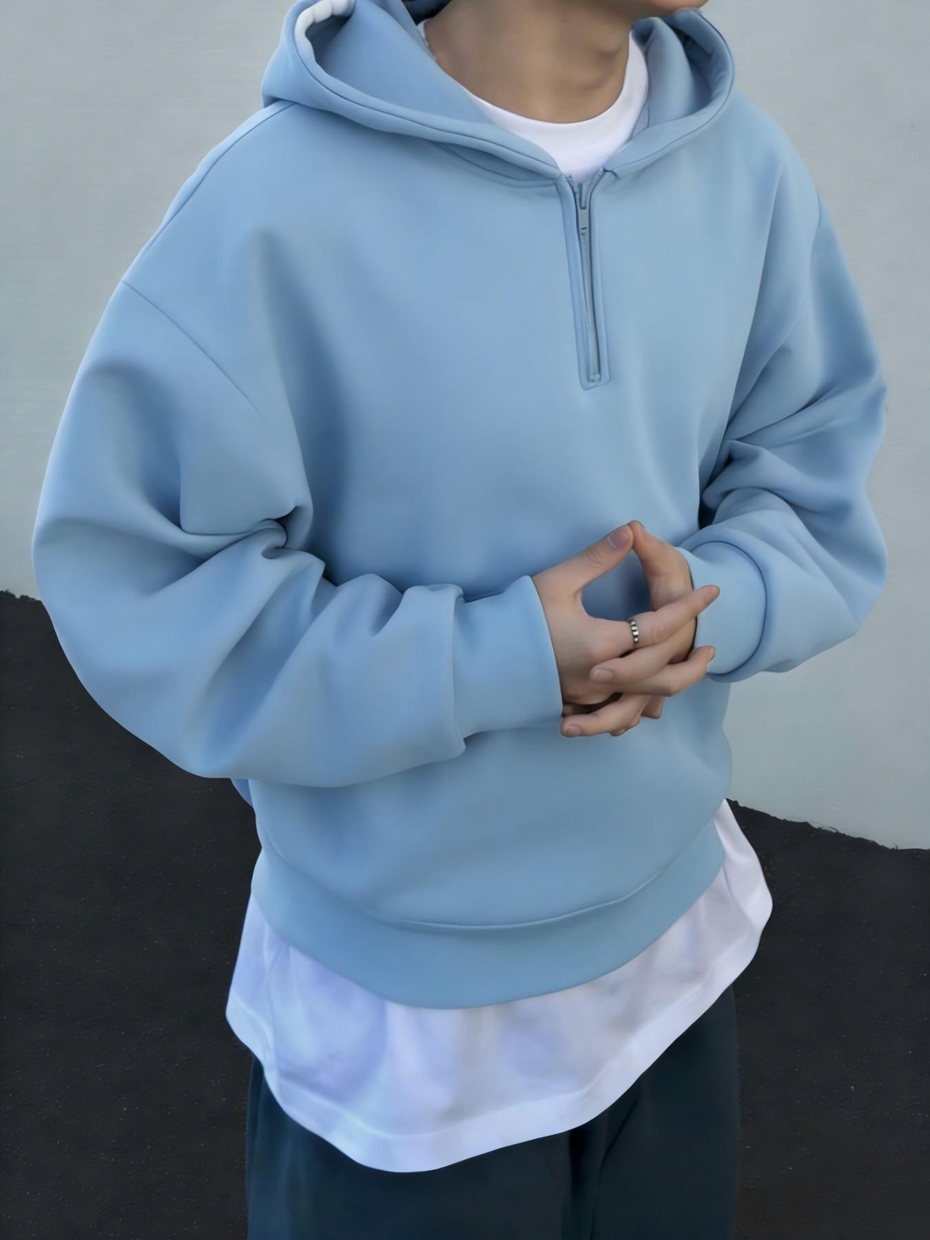 Men's Light Blue Half-Zip Hoodie & Sweatpants Set, Heavyweight Oversized Loungewear, Casual Jogger for Spring & Fall, 9 Colors