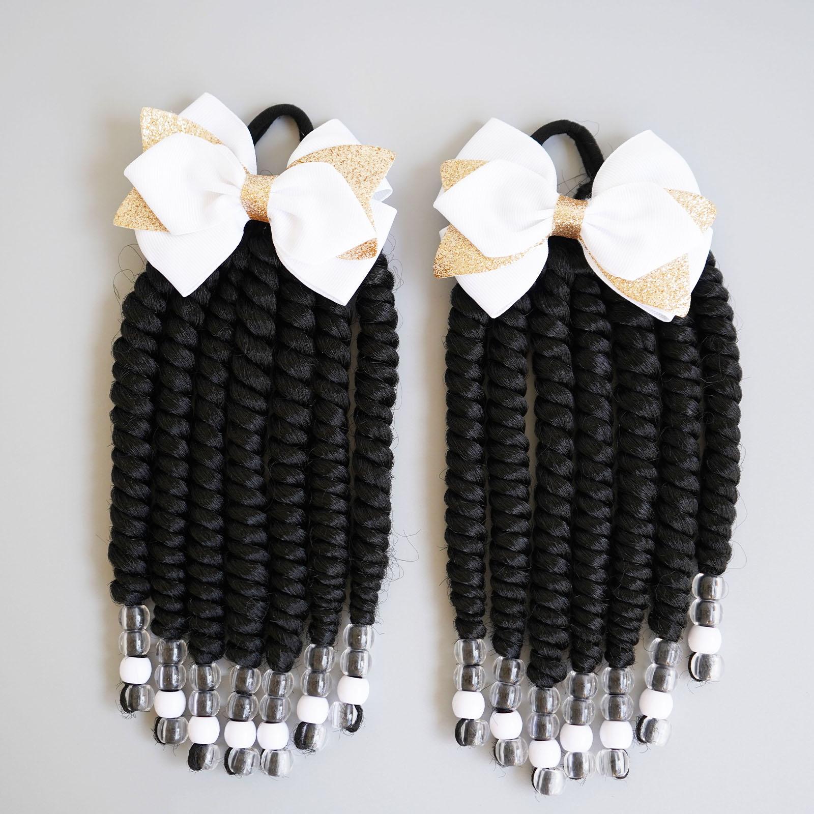 Set of 2, Braids Ponytail Extension with Beads,  Hair Extensions with Bow -Easy to Install, Good Choice to Dress Up, Gift for Girl Princess Braided  party city  Wig hair extensions movie clip hair extensions girl hair clip braiding hair Beaded ponytails,s