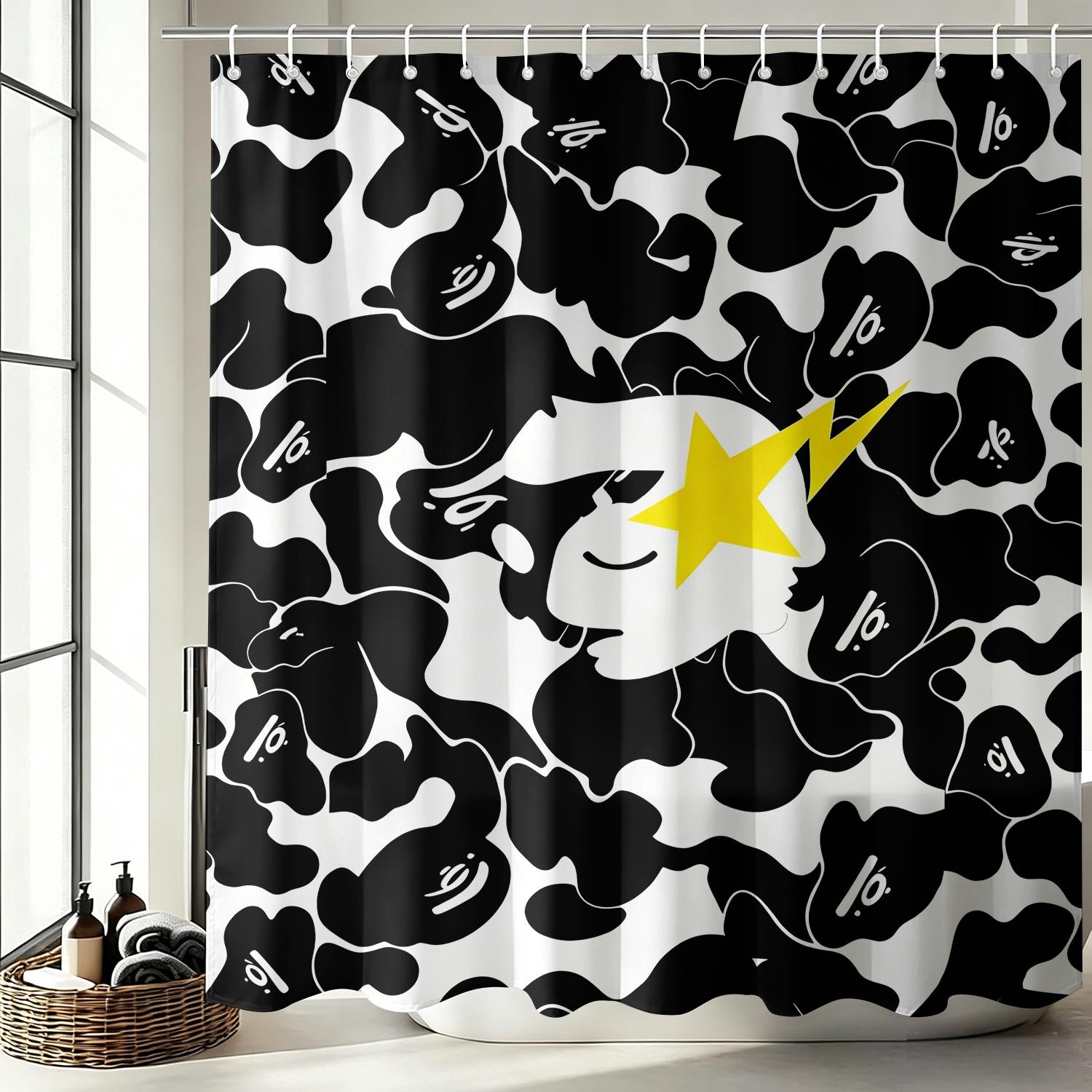 Black and White Camouflage Yellow Star Lightning Ape Head Print Aesthetic Shower Curtain, Waterproof Oxford 12 Hooks Easy Install, Privacy Bath Curtain, Streetwear Enthusiast Home/Dorm/Gaming Room Bathroom Decor