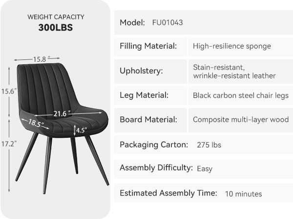 Kerilyn Modern Dining Chairs Comfy Dining Room Chairs with Thick Cushions, Upholstered Fabric Kitchen Side Chairs with Metal Legs, Black