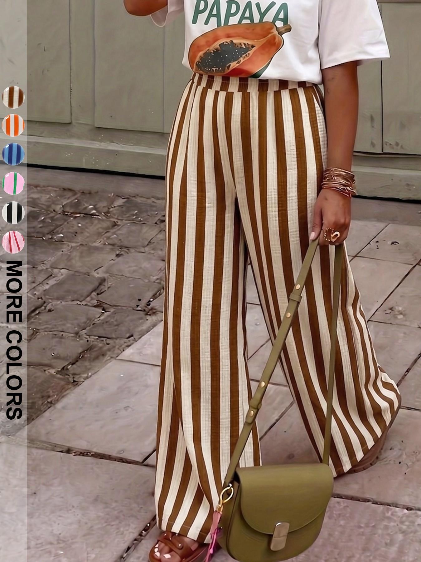 Women's Summer Long Pants Trouser, Breathable Striped Wide Leg, Multiple Colors Available, Elegant Loose-Fitting Style