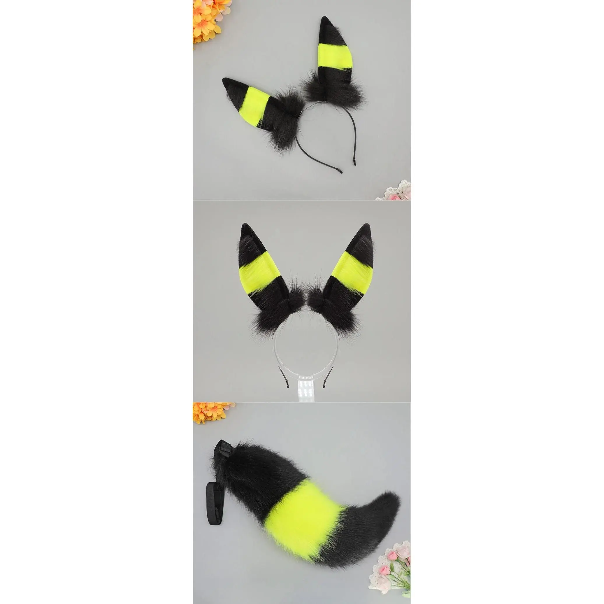 Game Anime Umbreon Cosplay Adult Unisex Ears Headband Furry Anthropomorphic Headdress Plush Tail Headwear Halloween Cute Props