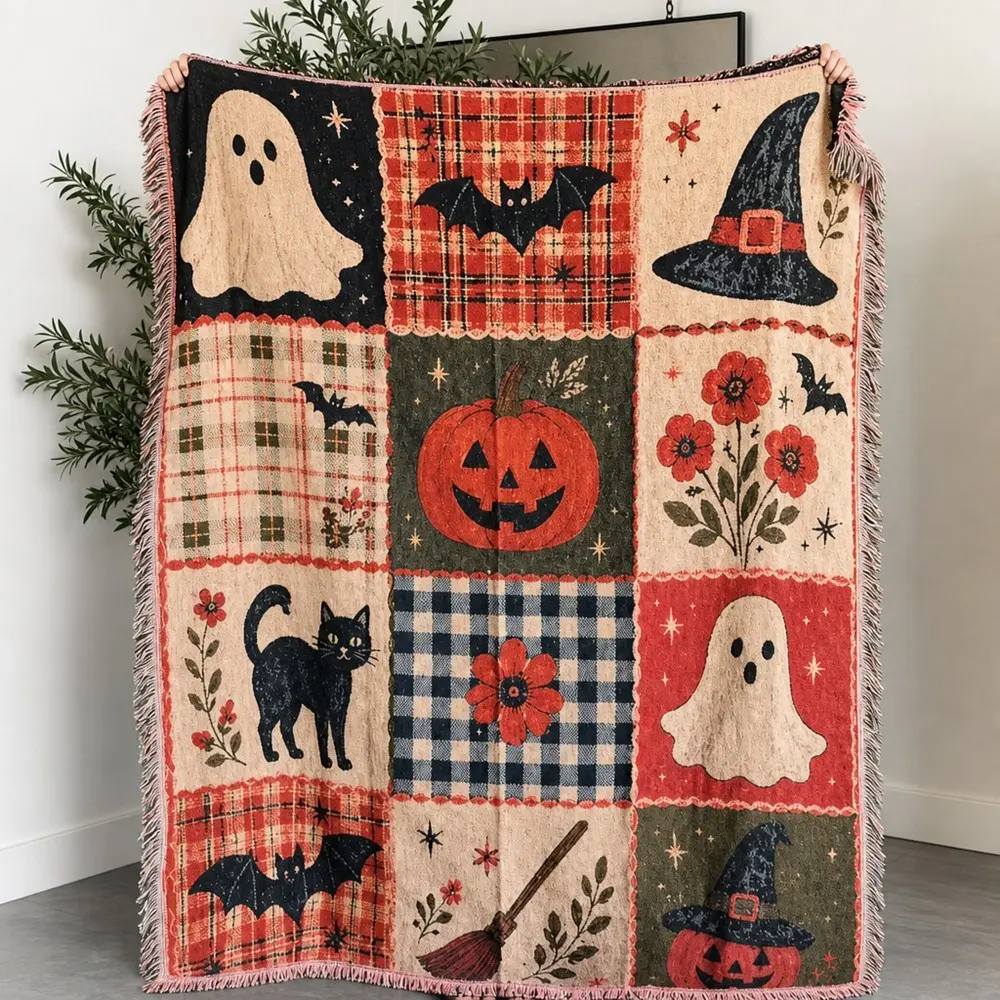 Halloween Grid Bohemian Yarn Jacquard Woven Blanket with Tassel, Thick Soft Washable Blanket, Used for Home Decor Sofa Chair Bed Tapestry Tablecloth Floor Garden Picnic Outdoor Camping