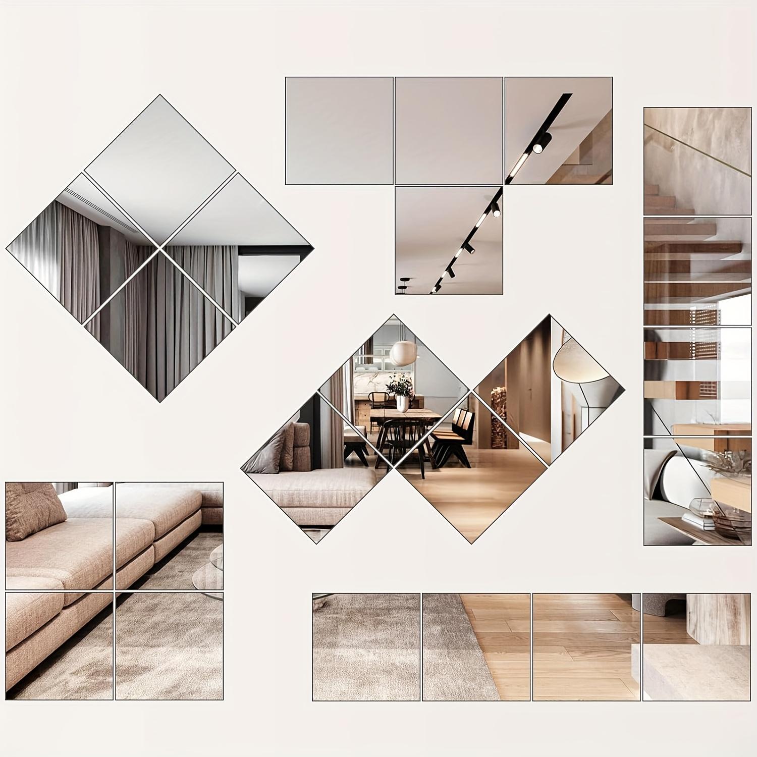 12-Pack 20×20cm Acrylic Mirror Tiles, thick frameless self-adhesive design. Easy to install vertically or horizontally, lightweight and durable. Perfect for living room, bathroom, shower, dressing room and bedroom, modern stylish wall decor.