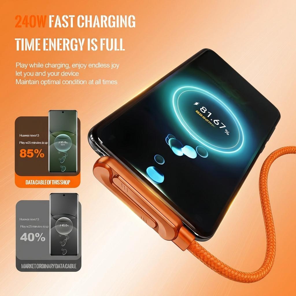 Orange  2026 Newest 240W Foldable Phone Stand Data Cable USB-C Ultra-Fast Charging Cable, 59.06-inch Charging Cable, 240W Braided Fast Charging Cable with  Phone Stand, T-Shaped Folding Design, Suitable for iPhone 15-17 Series