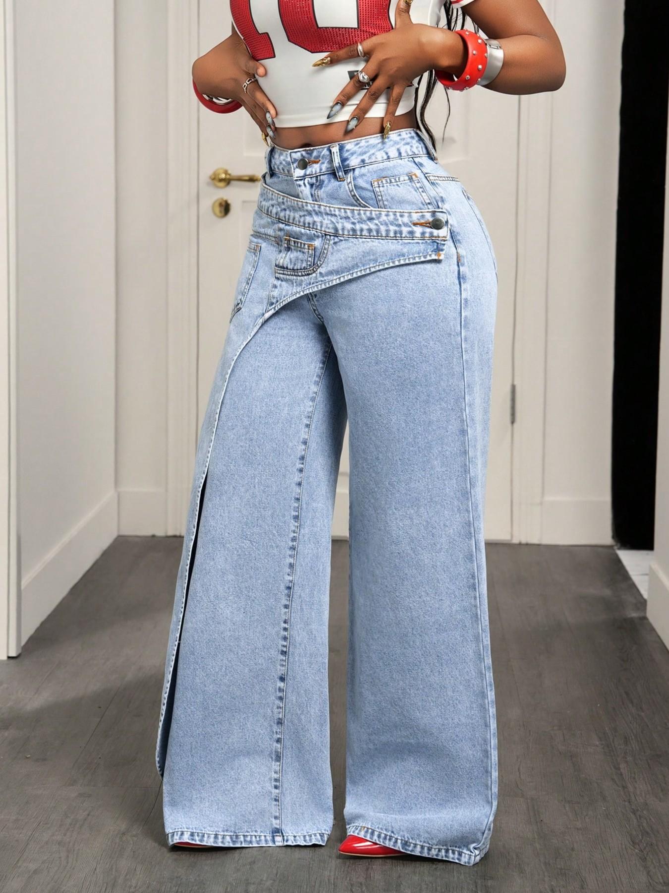 Women's Casual Denim Long Pants, Elegant Plain Pattern, Loose-Fitting, All-Season Fashion, Trendy Asymmetrical Design