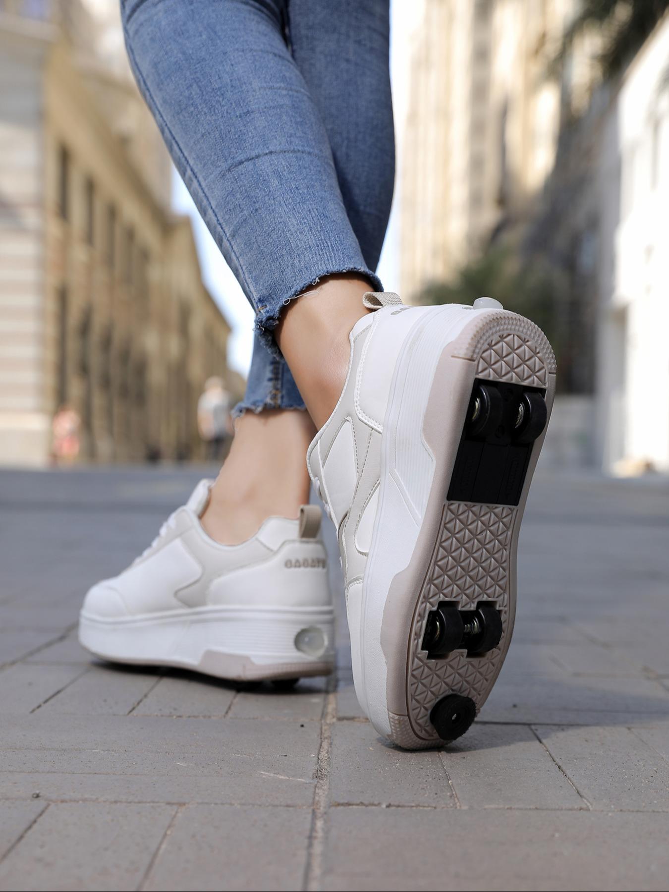 Unisex Button-Operated Four-Wheel Roller Skates, PU Leather Lightweight Durable Dual-Roller Invisible Skate Shoes, All Seasons, Shoes With Wheels