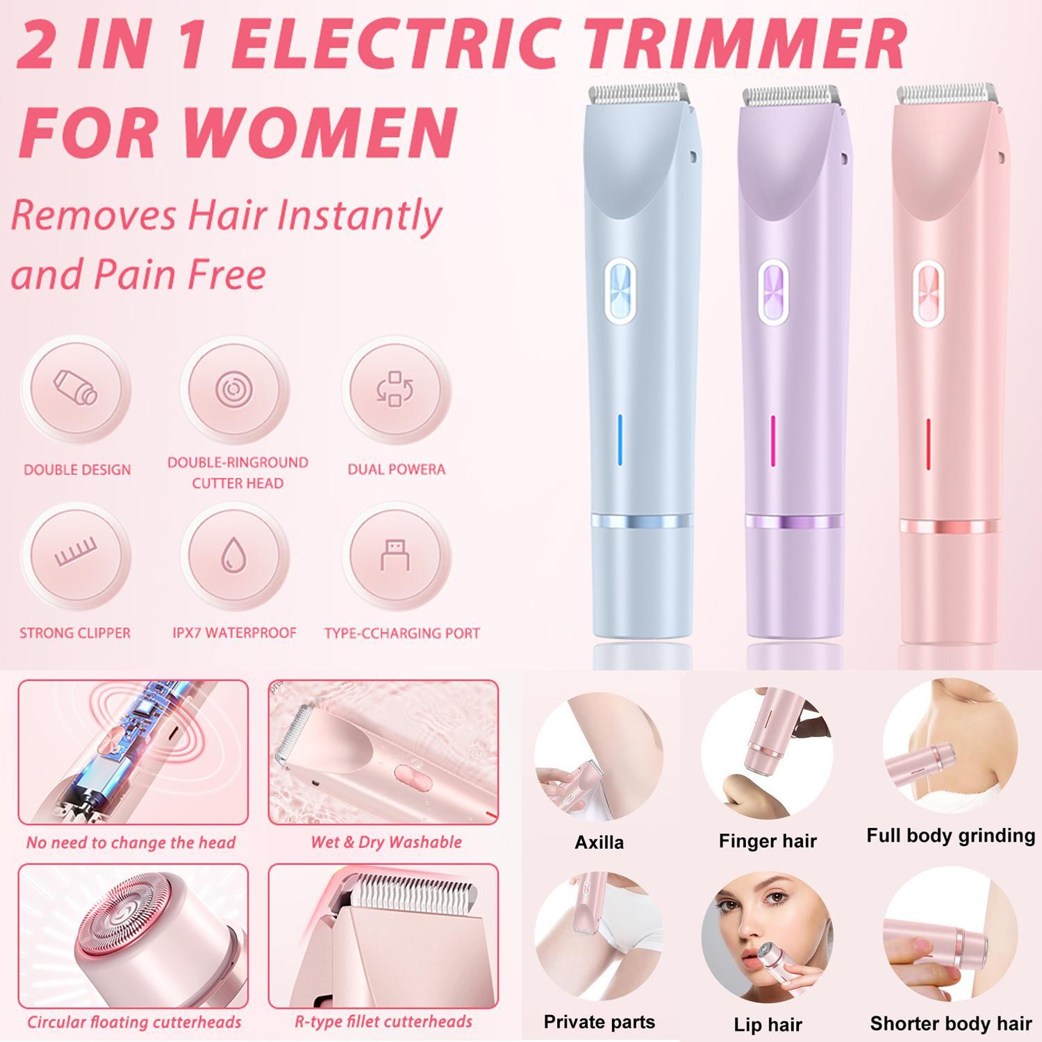 Electric Bikini Trimmer, 2-in-1 Body and Facial Hair Removal Dual-Head Electric Shaver, Waterproof USB Rechargeable Cordless Hair Trimmer for Women, Portable Hair Trimmer, Multifunctional Festival Gift