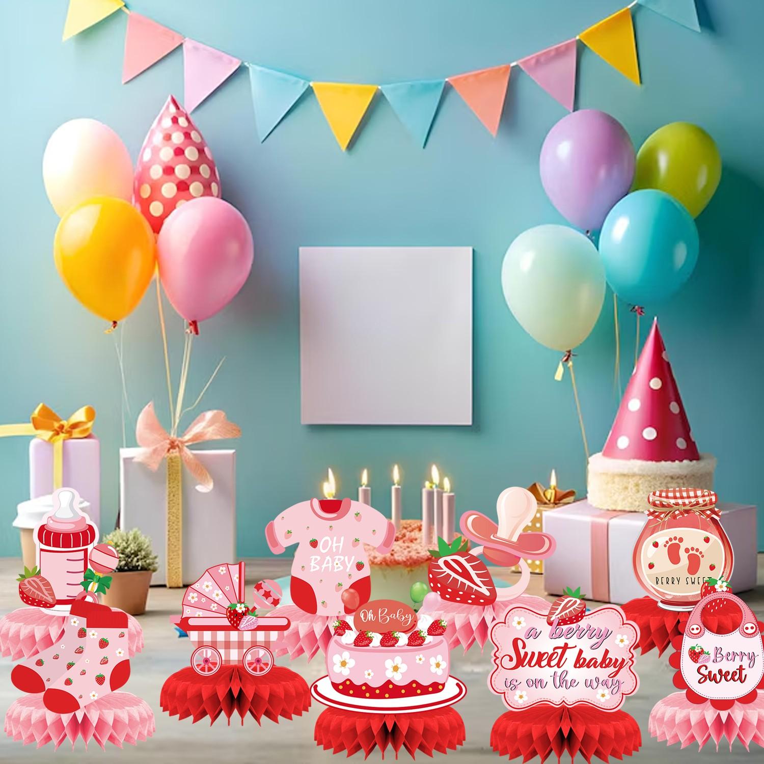 9Pcs Strawberry Baby Shower Decorations, Berry Sweet Baby Shower Honeycomb Centerpieces, Sweet One First Birthday Party Table Decor for Girls, Pink and Red Berry Themed Party Supplies