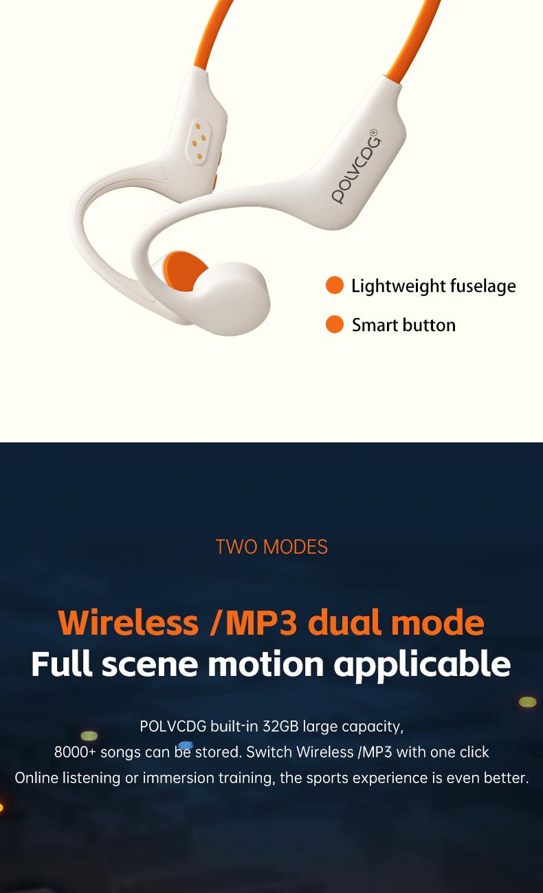POLVCDG X6 wireless bone conduction headphones are deeply waterproof, 10 hours long battery life, 28g lightweight body 32GB large capacity.