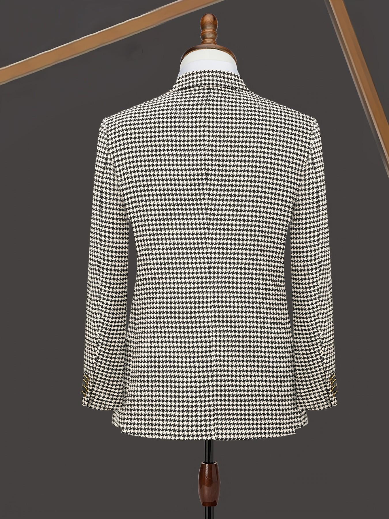 Men's Houndstooth Blazer Suit Set, Double-Breasted Design, Slim Fit, Long Sleeve, Party Wear, All Seasons, No Tie or Lapel Pin Included